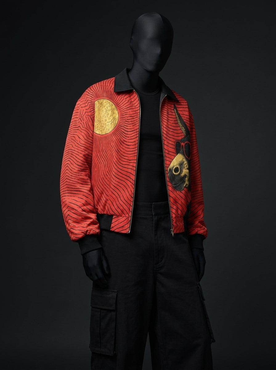 Front three-quarter view of red striped zip jacket, unzipped slightly, with black collar, ribbed cuffs and cargo pants