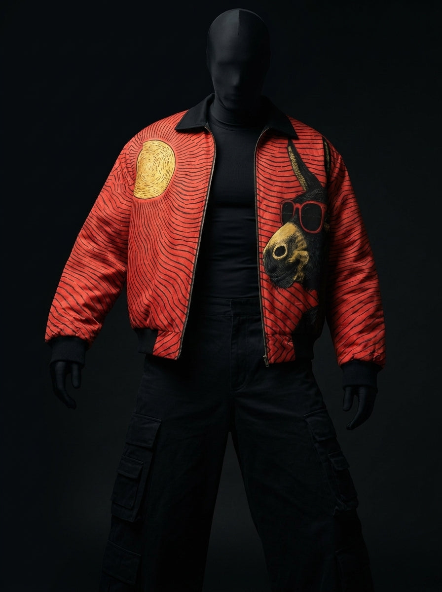 Close-up of open red wave-print jacket showing sun patch and sunglasses-wearing donkey graphic on black mannequin