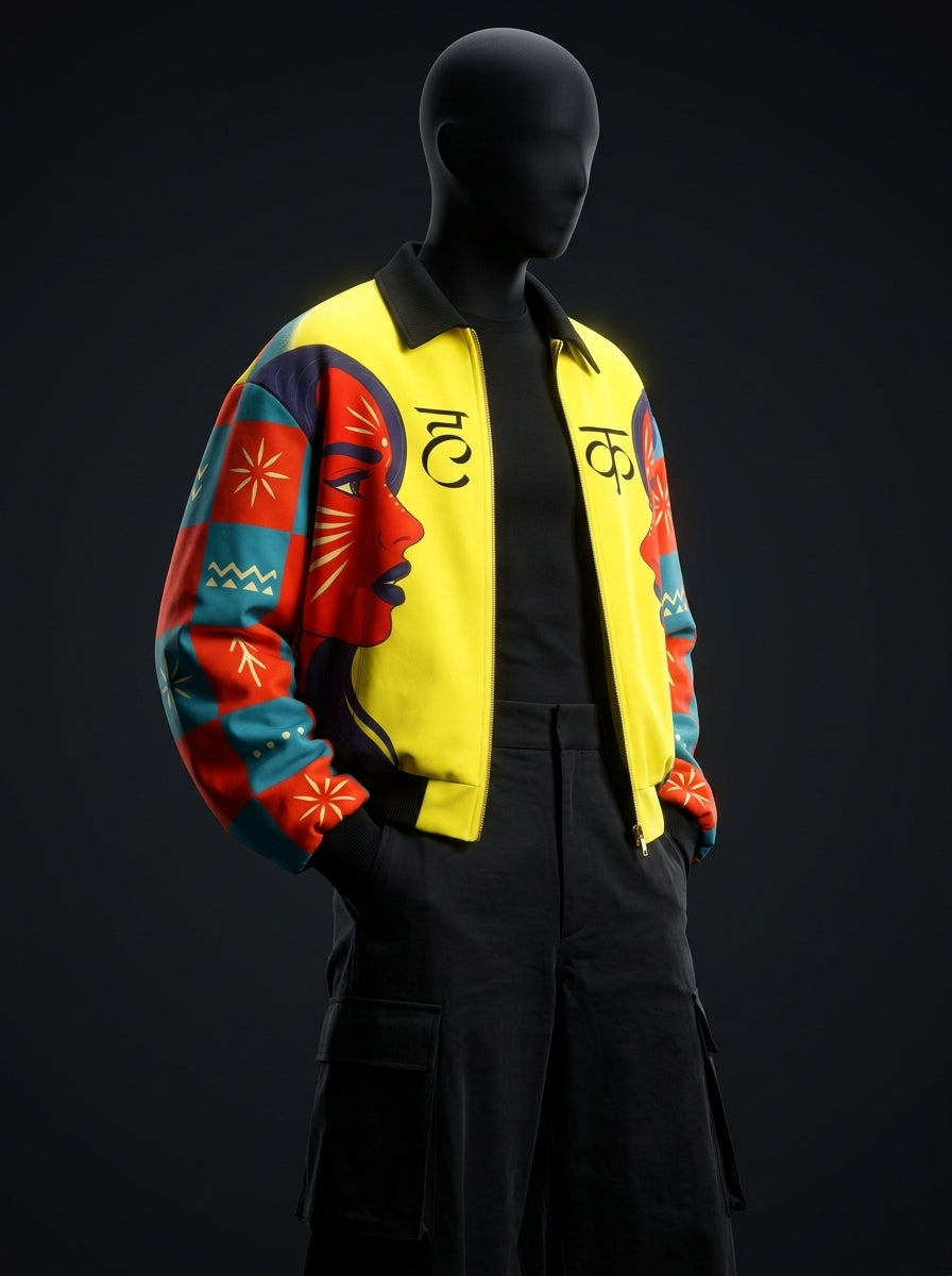 Angled three-quarter view of yellow bomber jacket with red face print, black collar and checkered sleeves on mannequin