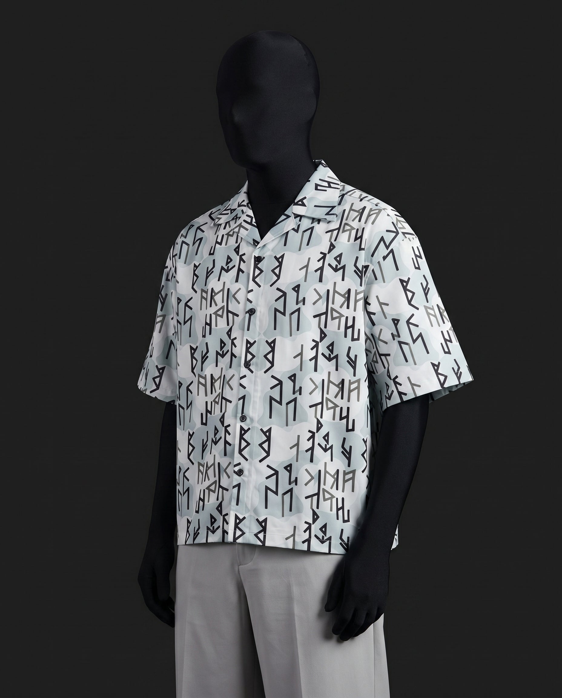 Runic Graphic Print Cuban Collar Drop Shoulder Shirt