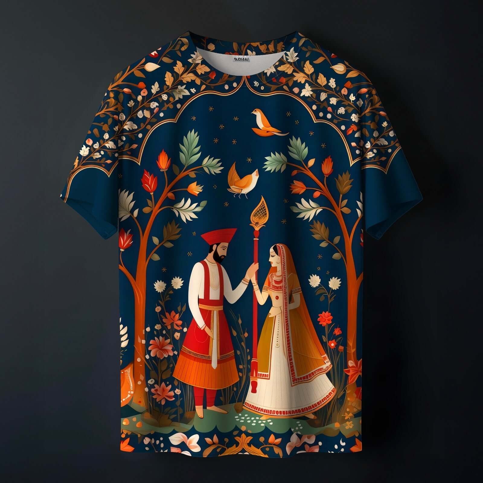 Royal Union Printed Tee featuring vibrant couple illustration on a blue background, ideal for stylish streetwear.