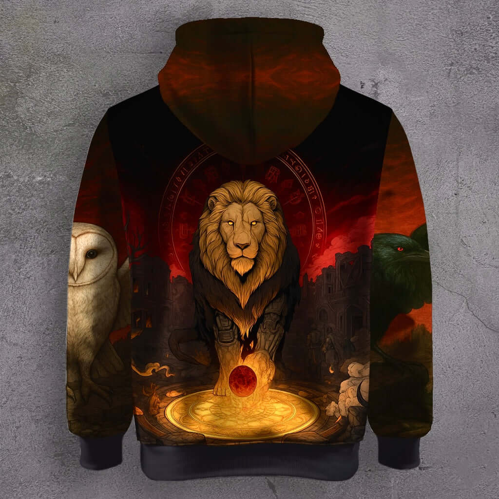 KAAL Dark Age Hoodie featuring mythic lion and owl graphic design with vibrant colors and dark themes.