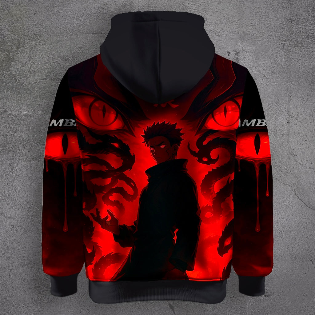 Back view of Gambare Anime Graphic Hoodie with bold anime dragons and Japanese text
