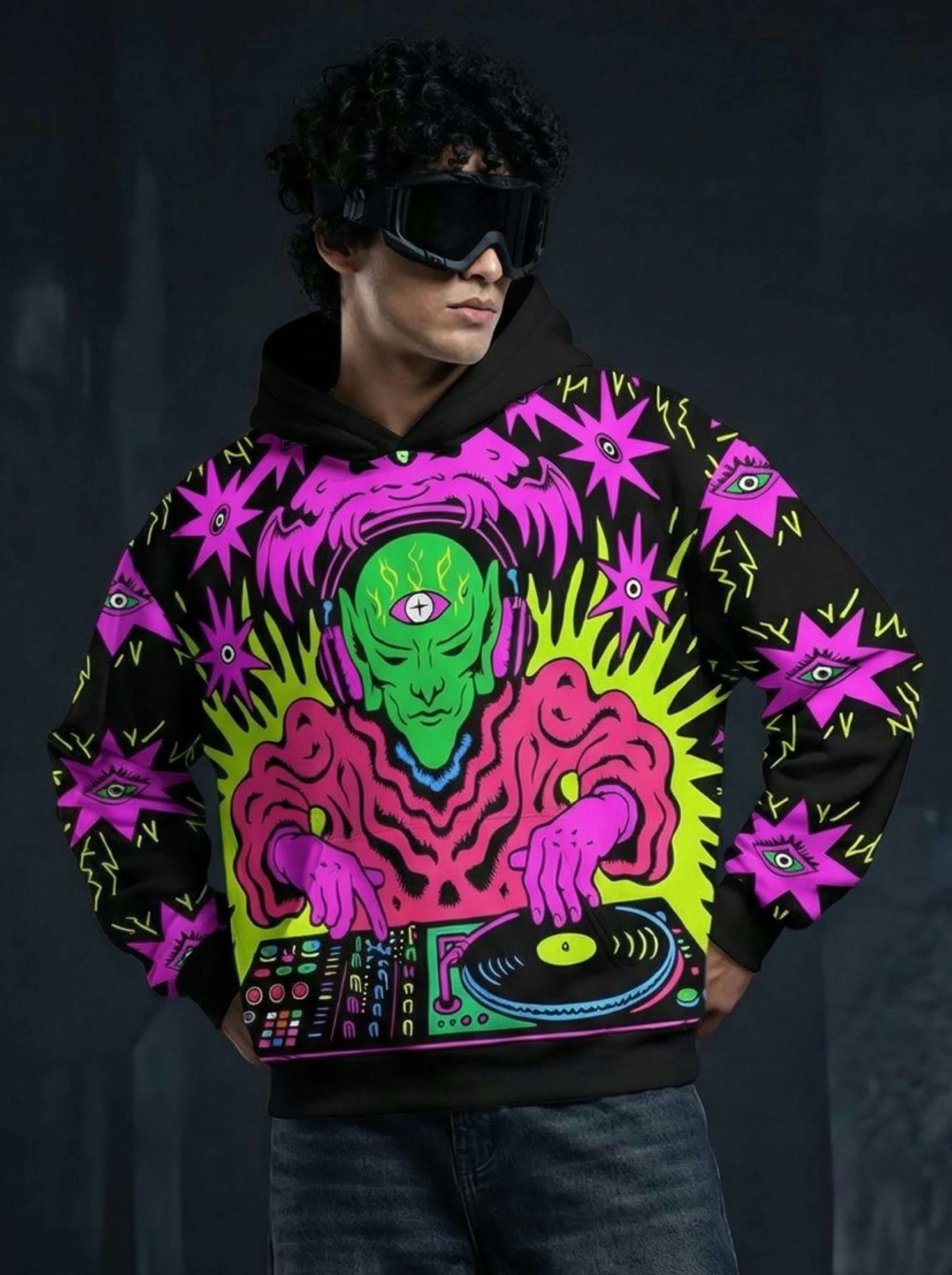 Neon Alien DJ Graphic Hoodie – Psychedelic Streetwear Print