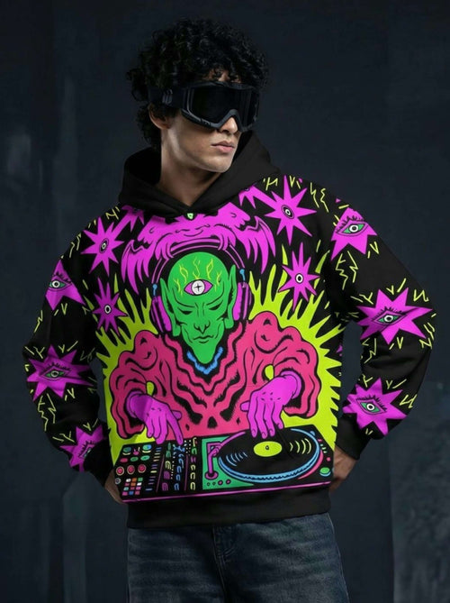 Neon Alien DJ Graphic Hoodie – Psychedelic Streetwear Print
