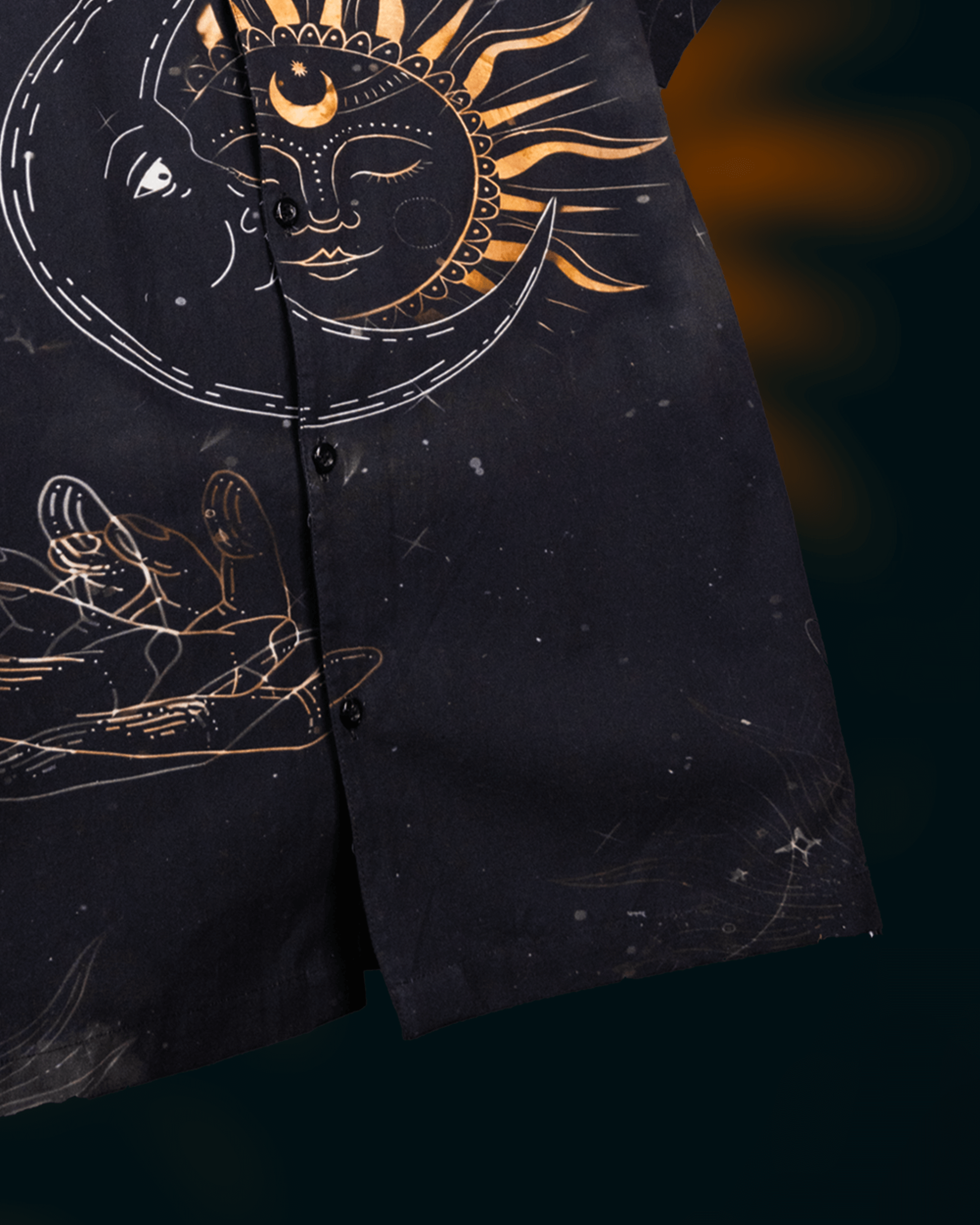 Zodiac Flow Cotton Shirt featuring cosmic sun and moon design on premium black cotton fabric for stylish comfort.