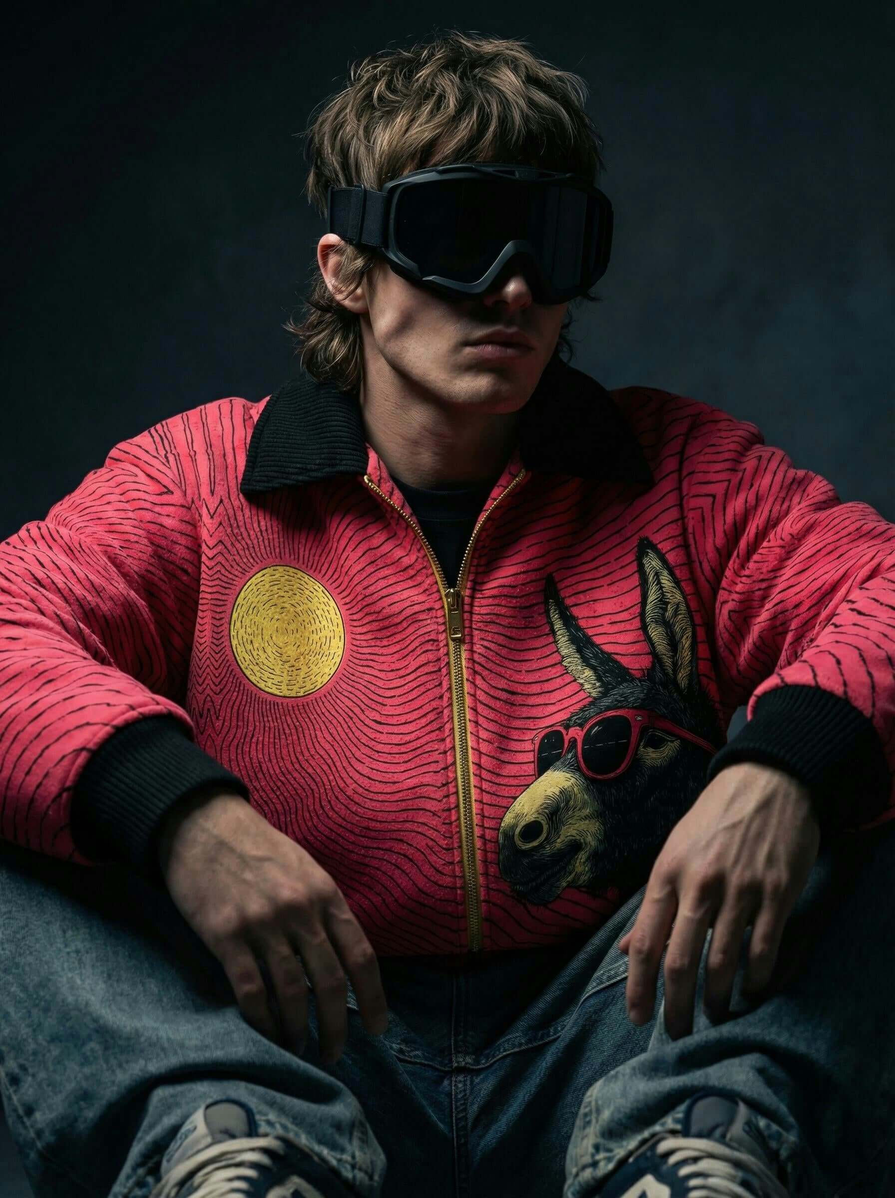 Red Wave Graphic Zip-Up Jacket - Fur Lined