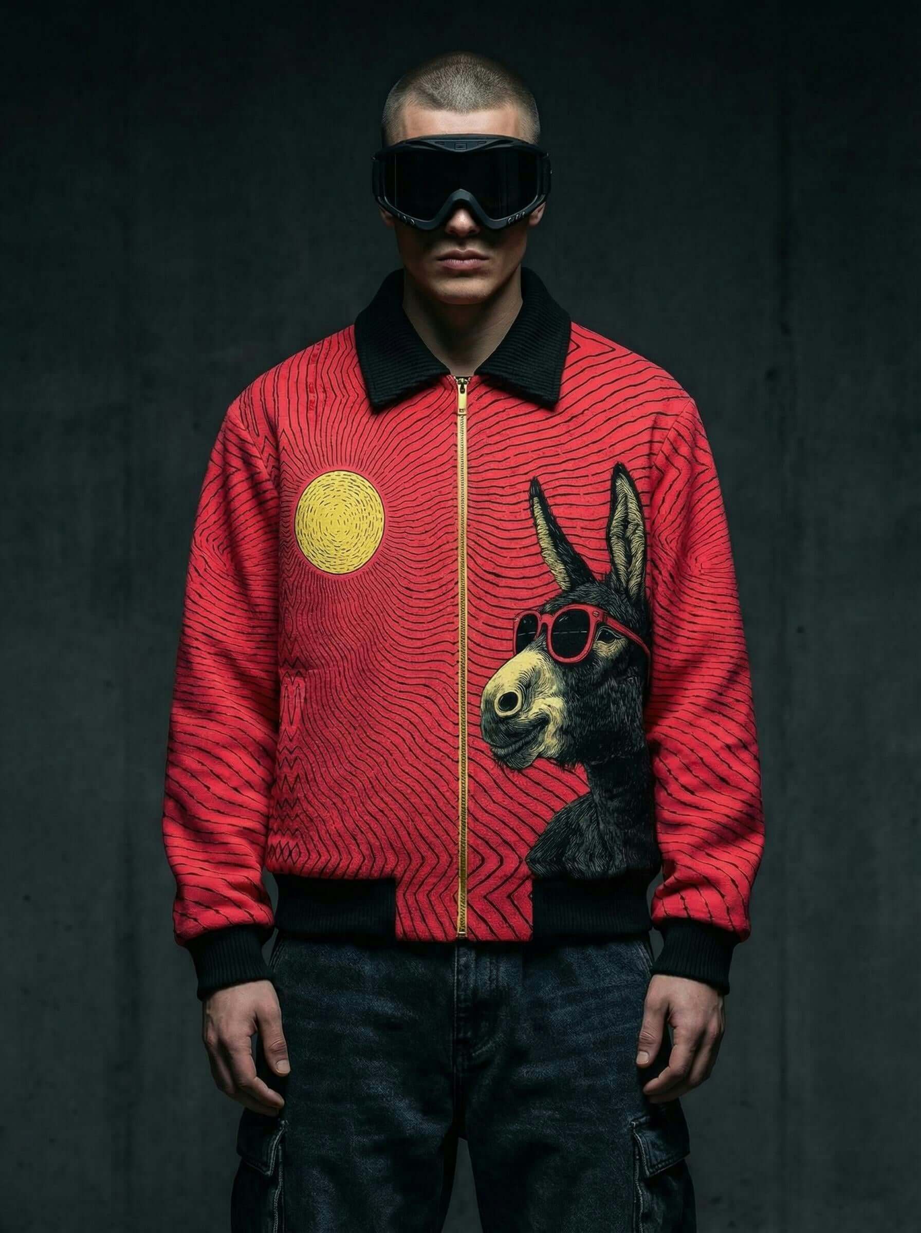 Red Wave Graphic Zip-Up Jacket - Fur Lined