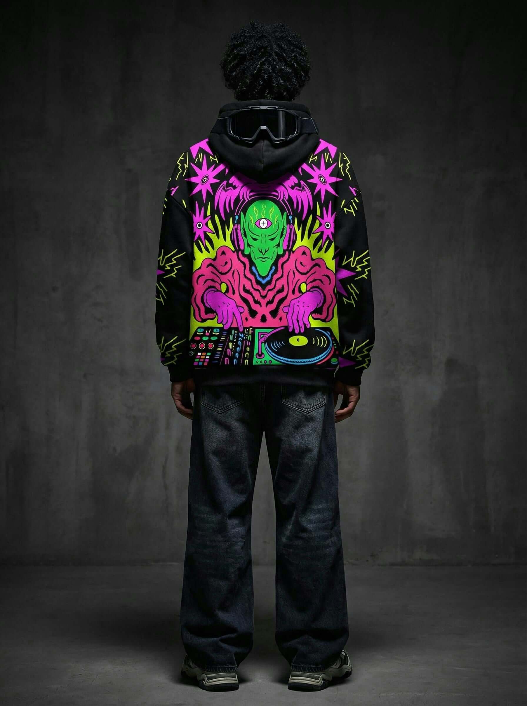 Neon Alien DJ Graphic Hoodie – Psychedelic Streetwear Print
