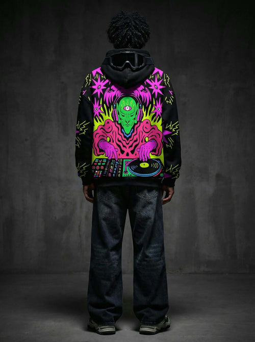 Neon Alien DJ Graphic Hoodie – Psychedelic Streetwear Print