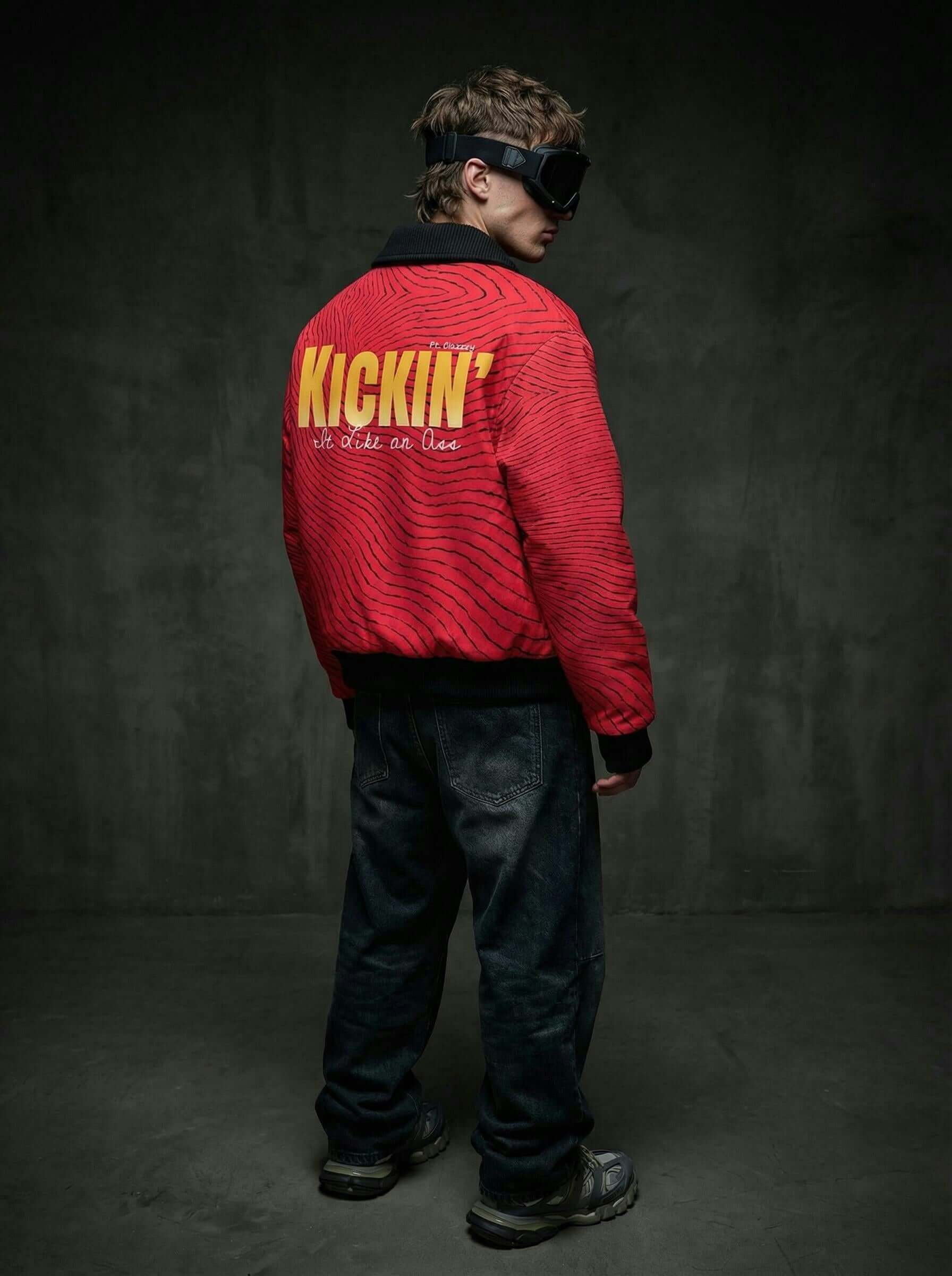 Red Wave Graphic Zip-Up Jacket - Fur Lined