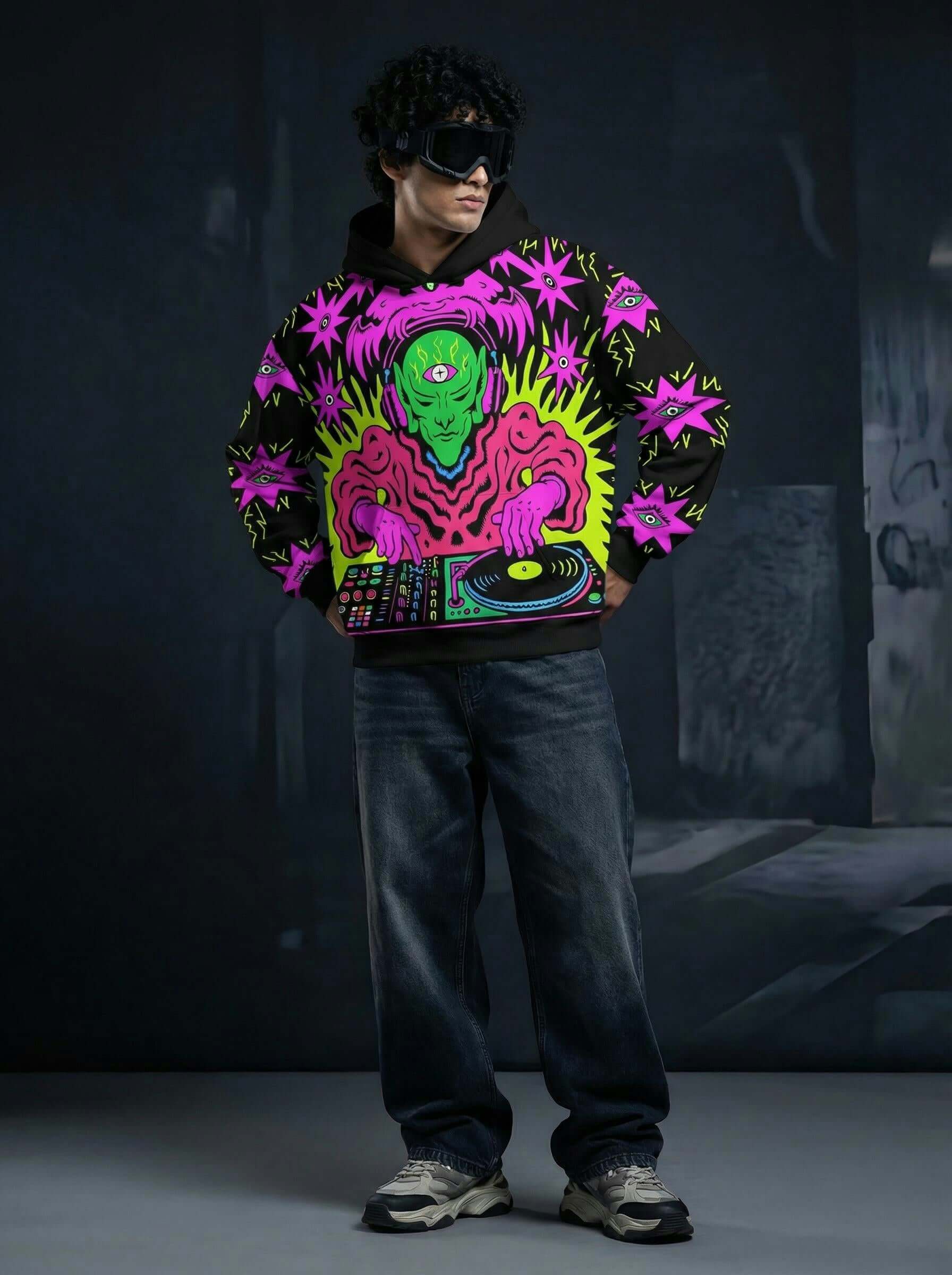 Neon Alien DJ Graphic Hoodie – Psychedelic Streetwear Print