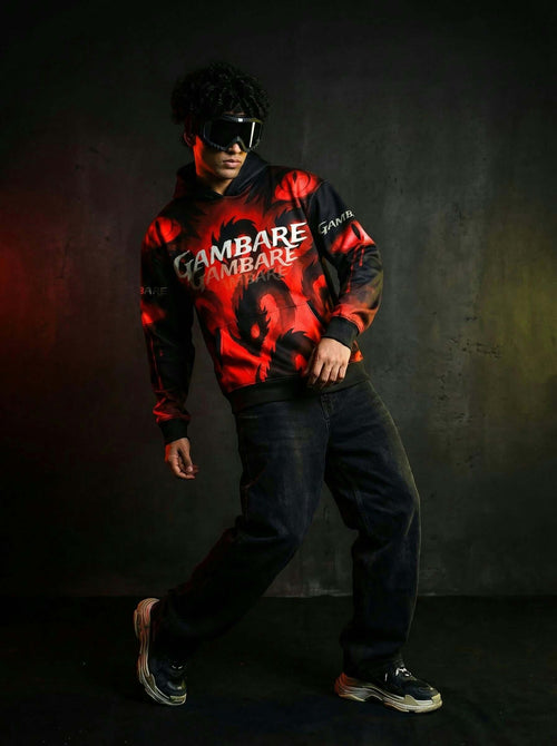 Gambare Anime Graphic Hoodie – Fiery Red Streetwear Print