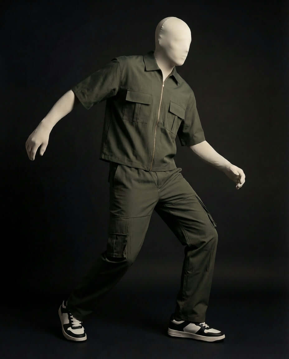 Olive Utility Zip Co-ord displayed on a mannequin, showcasing tactical utility and relaxed style.