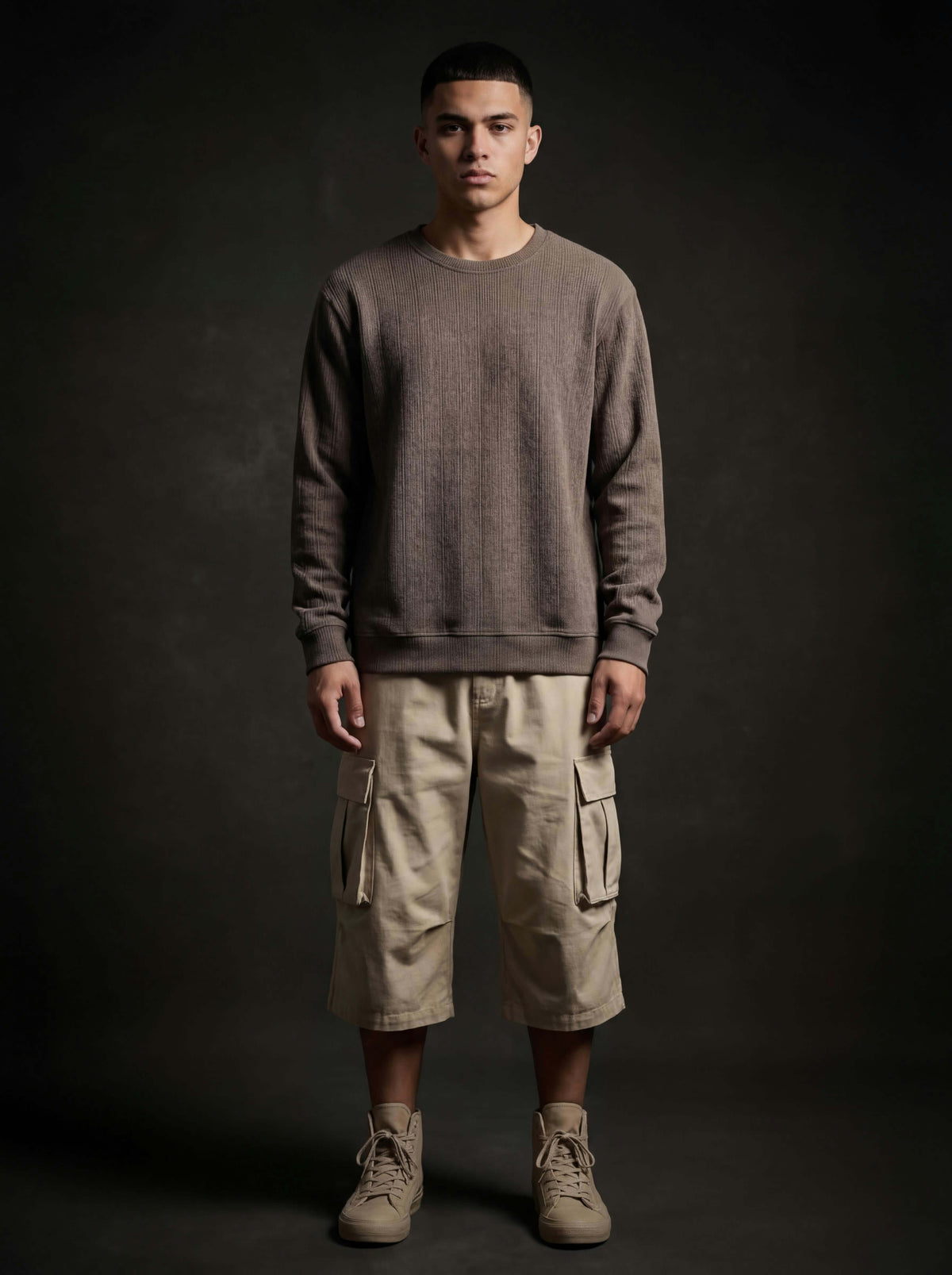 Front view of a model standing in a brown ribbed sweatshirt, beige cargo shorts and tan high-tops