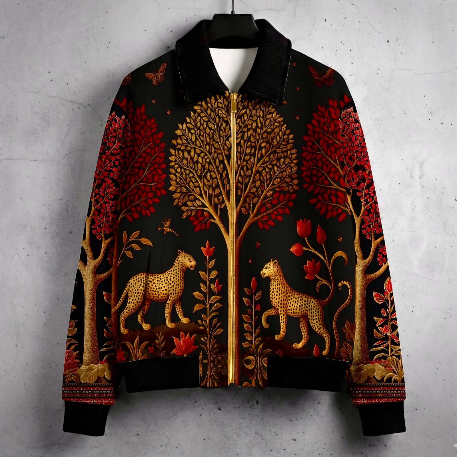 Artistic Wildwood Leopard fur-lined zip-up jacket featuring illustrated trees and leopards in rich colors.