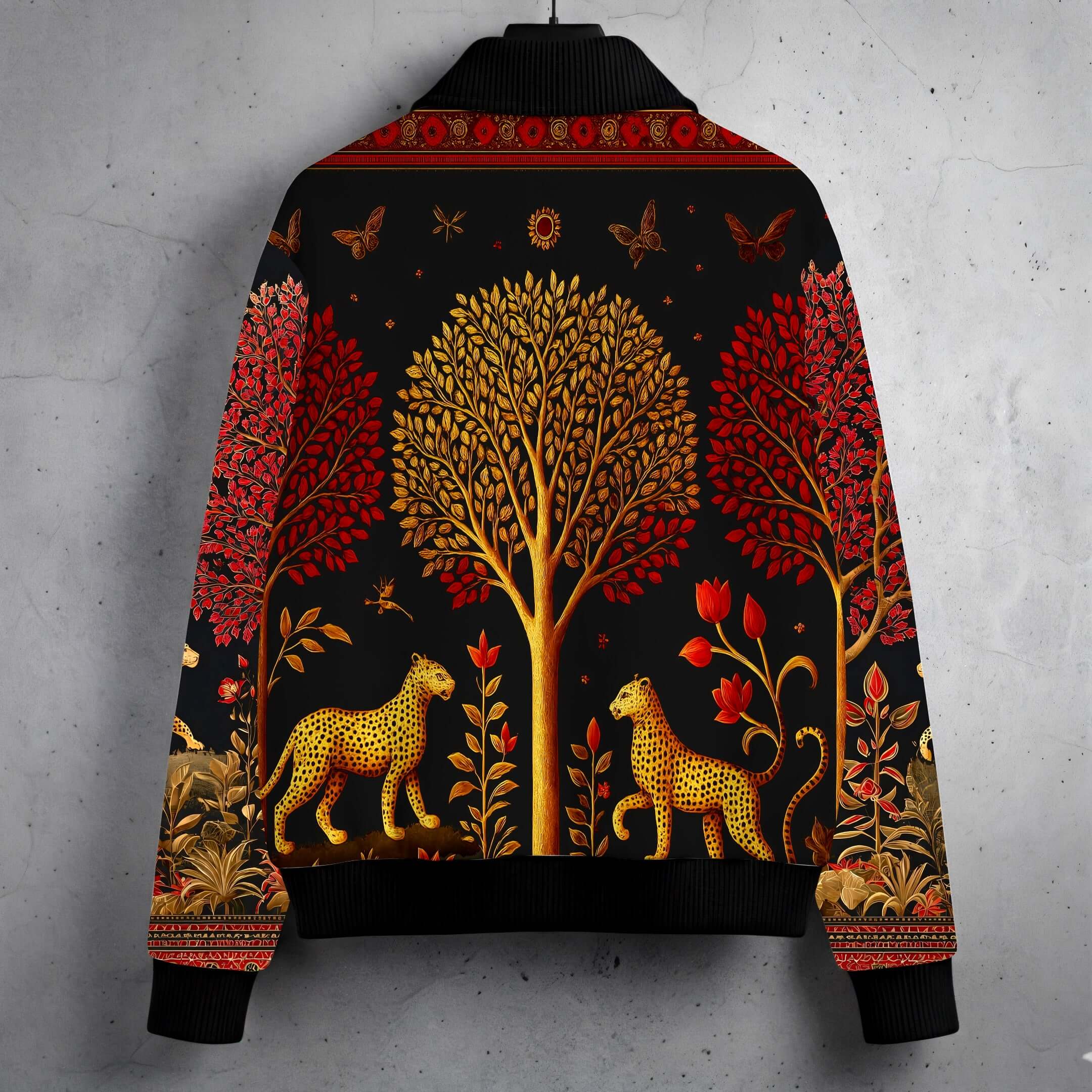 Artistic Wildwood Leopard fur-lined zip-up jacket featuring intricate trees, leopards, and vibrant colors.