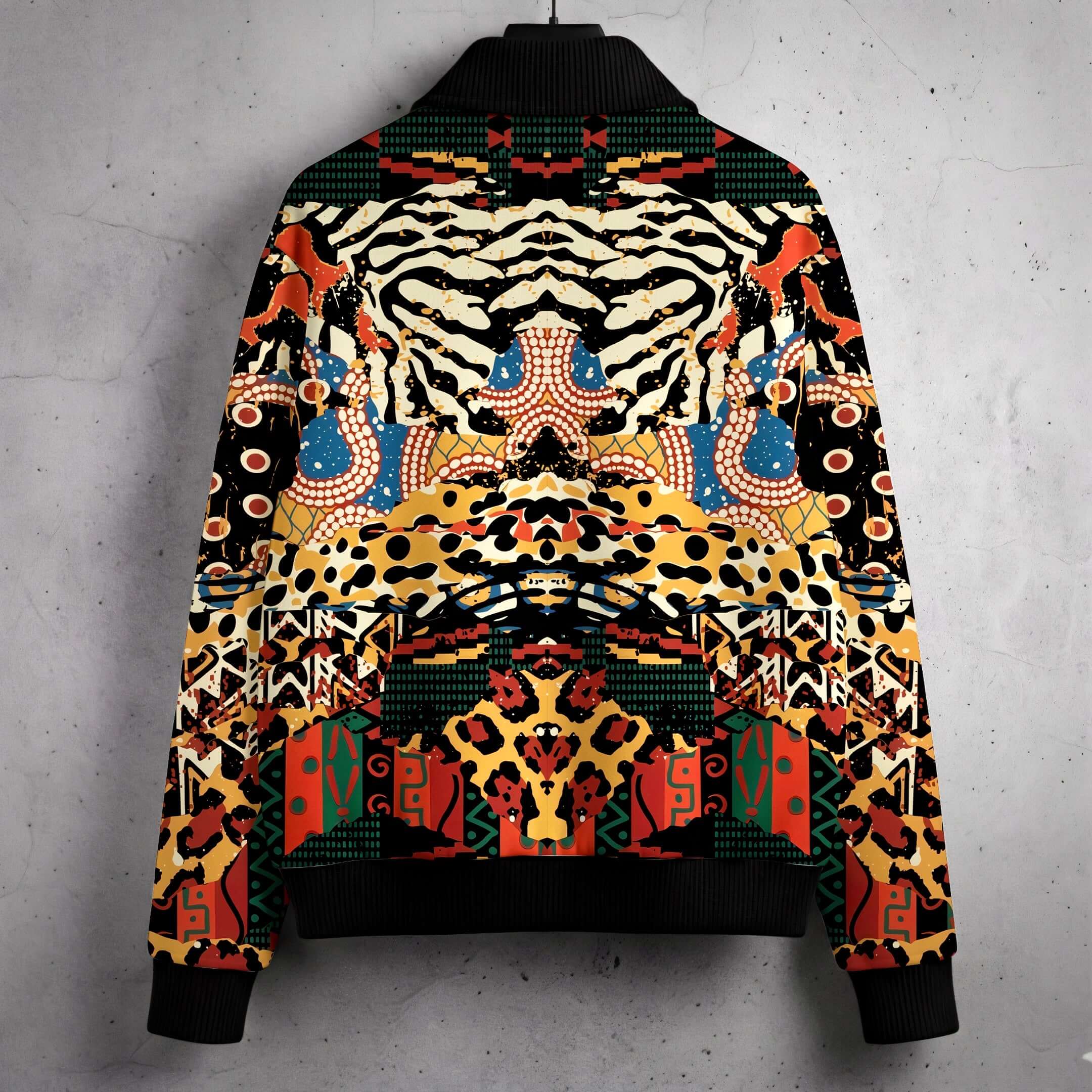 Abstract Savanna Multicolor Fur-Lined Zip-Up Jacket featuring vibrant abstract patterns and striking colors.