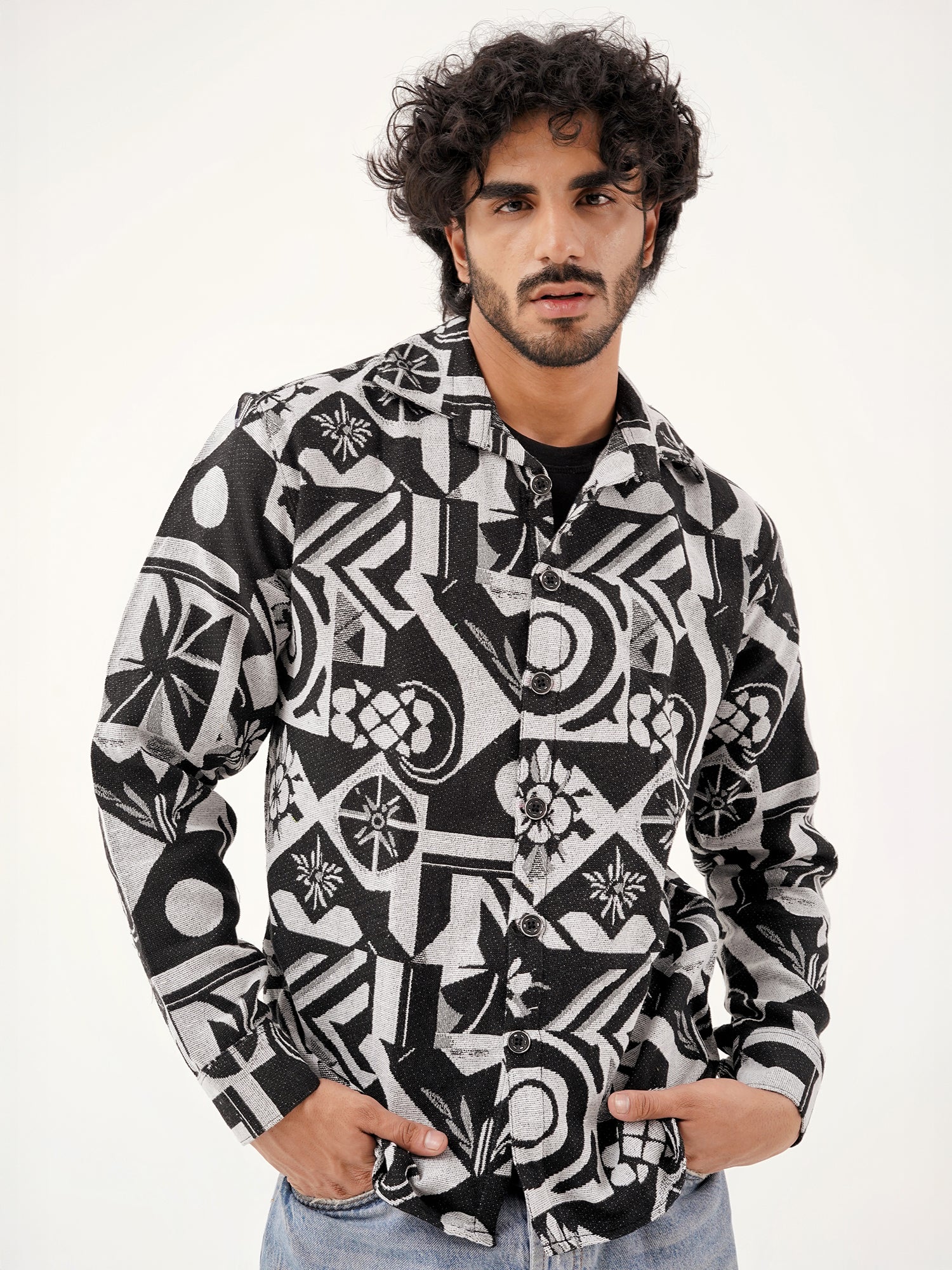Graphic Illusion Shacket – Comfortable Jacquard Layer