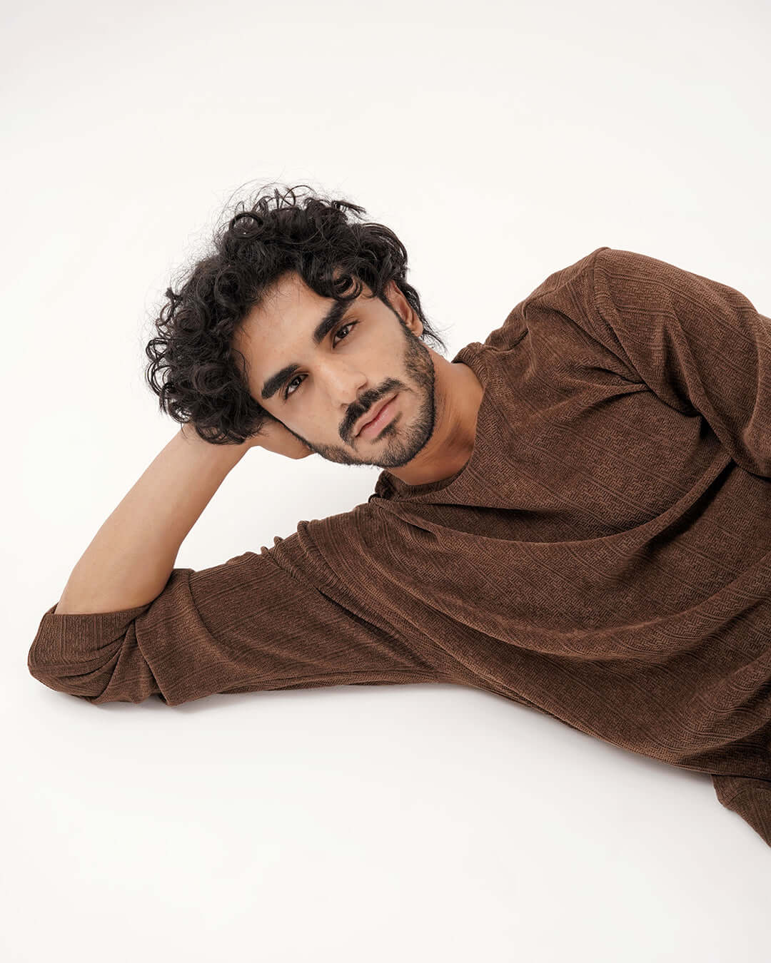 Daily Luxe Jacquard Sweatshirt – Chestnut Brown on a model, showcasing the luxe texture and warm tone.