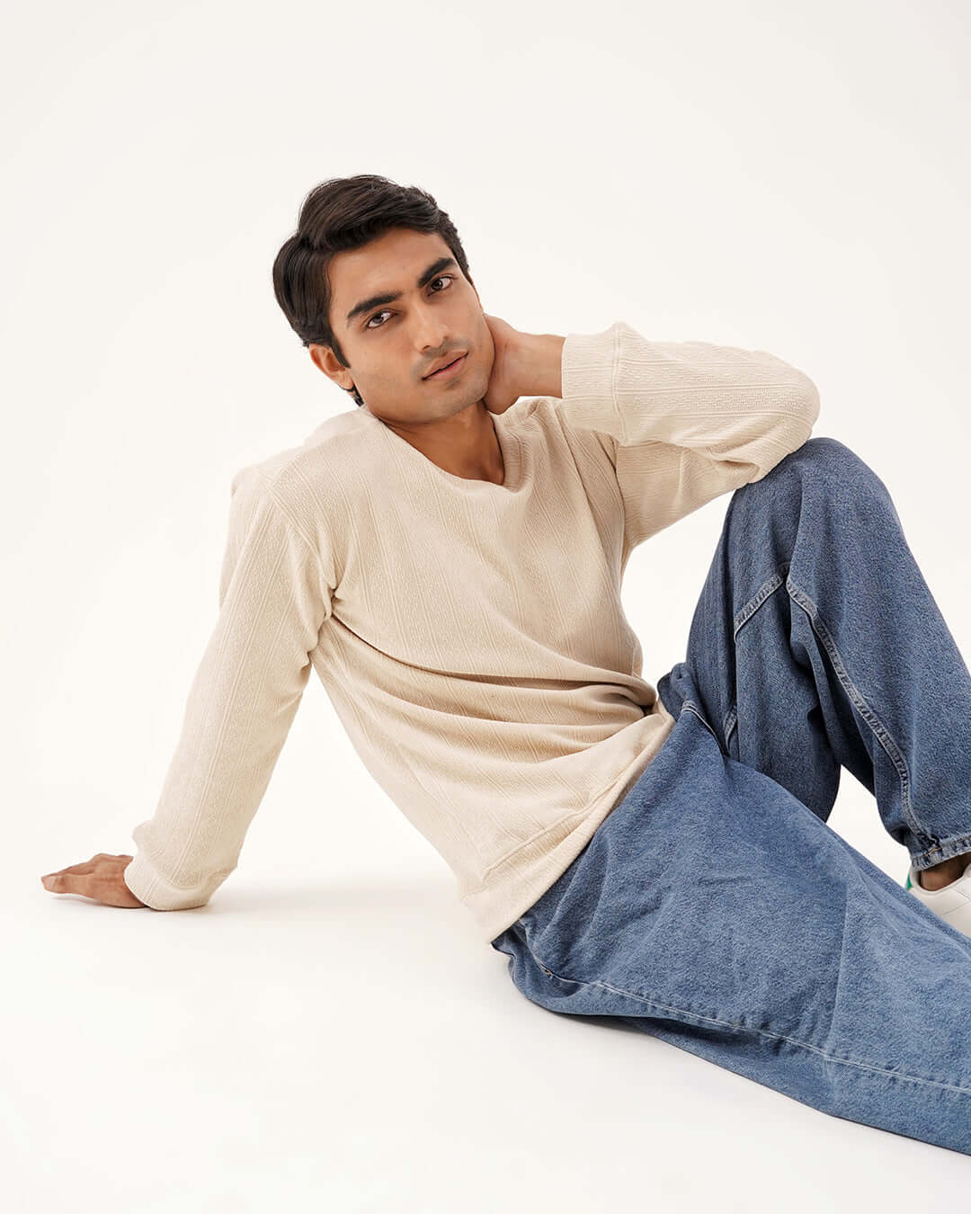 “Daily Luxe Jacquard Sweatshirt in Ivory Cream – premium winter sweatshirt for men with textured jacquard fabric, soft warm cotton, winter wear”