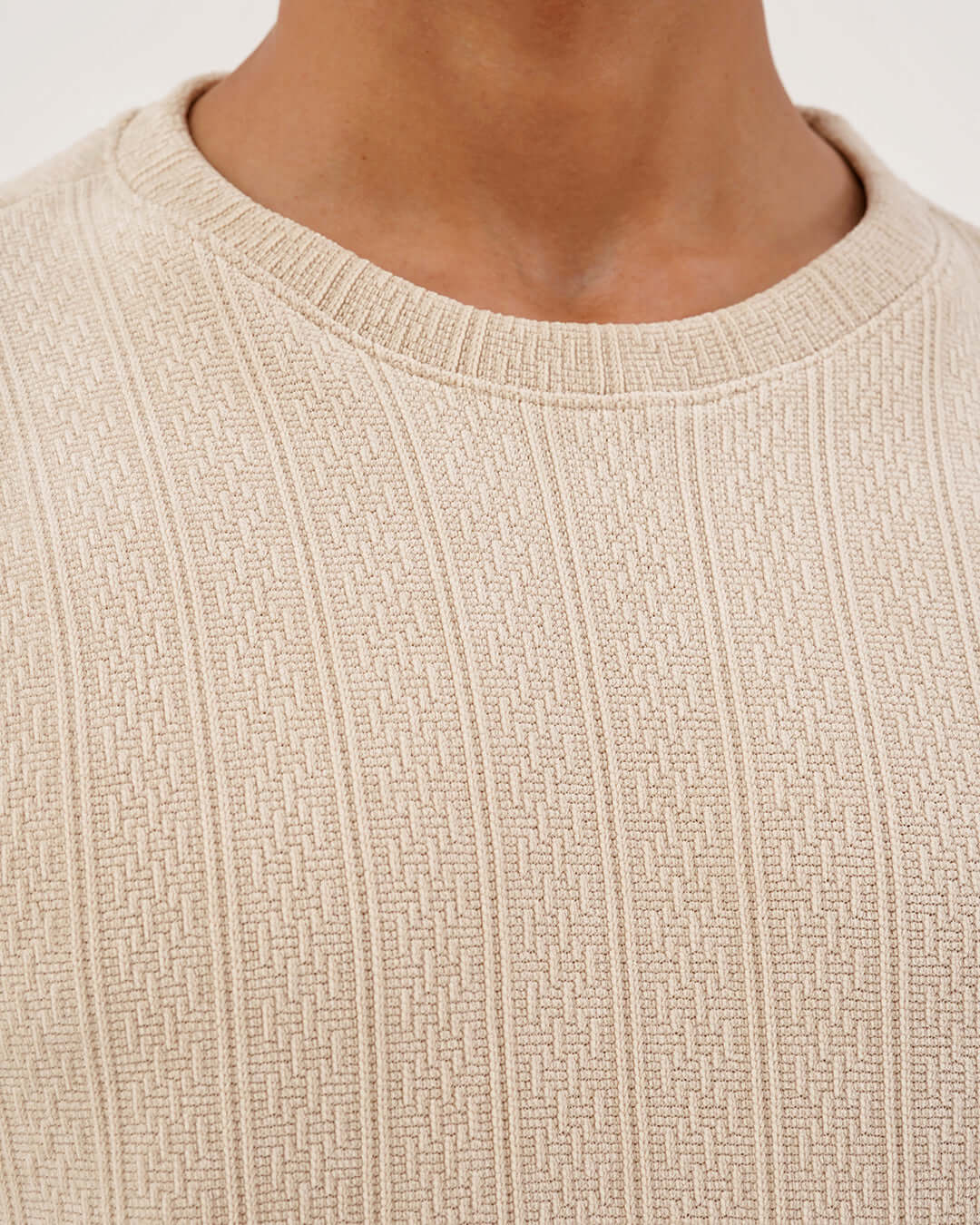 Daily Luxe Jacquard Sweatshirt – Ivory Cream close-up of textured fabric and neckline