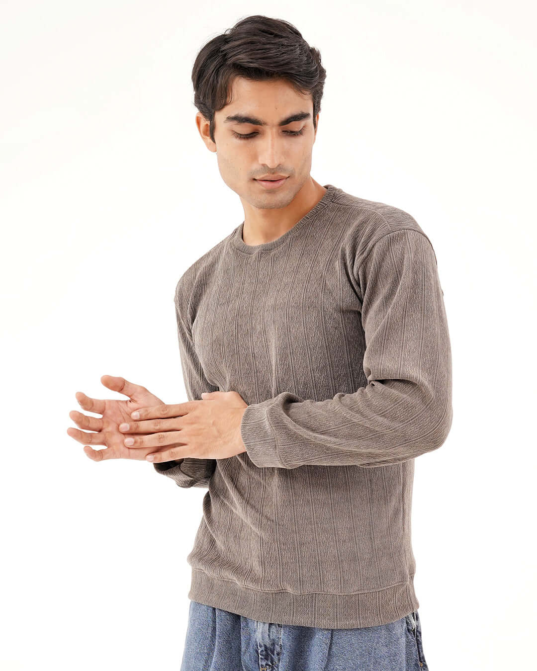 Daily Luxe Jacquard Sweatshirt in Chestnut Brown – winter wear for men with warm textured jacquard fabric