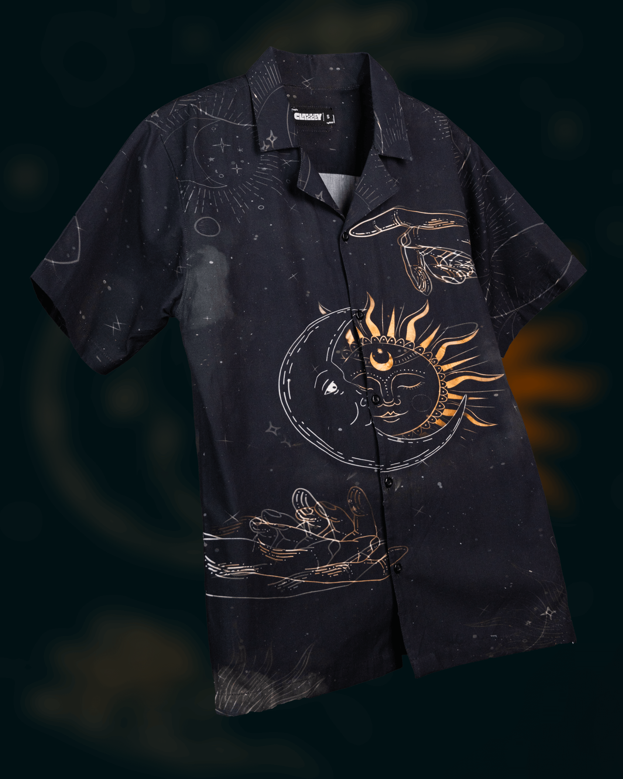 Zodiac Flow Cotton Shirt featuring celestial patterns in premium 100% cotton for comfort and style.