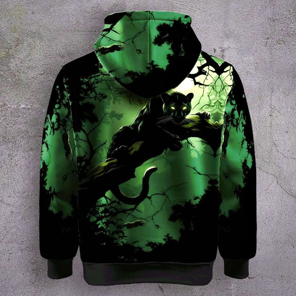 Jungle Phantom Printed Hoodie featuring a panther in a dark, moody jungle setting with green accents.