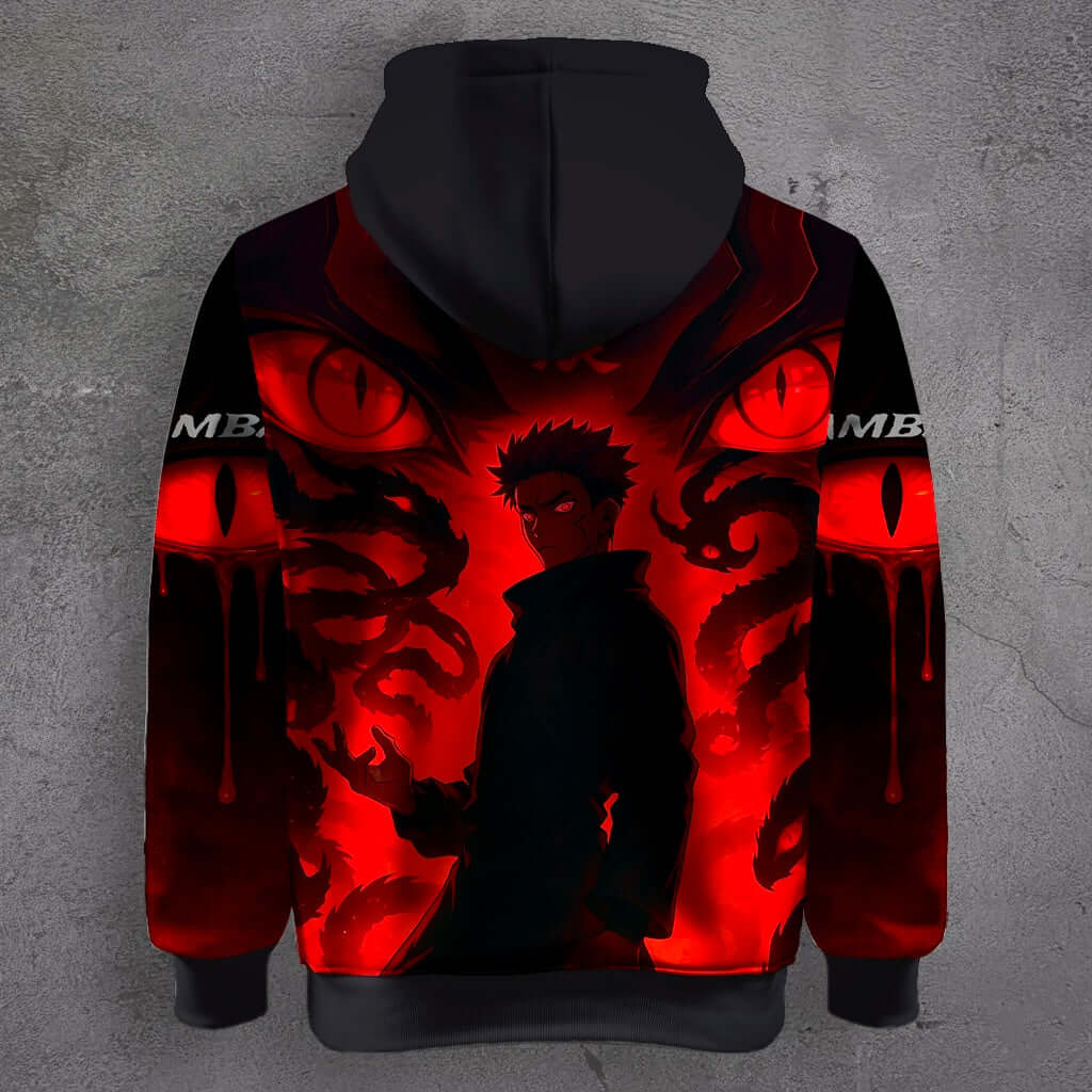 Back view of Gambare Anime Graphic Hoodie with bold anime dragons and Japanese text