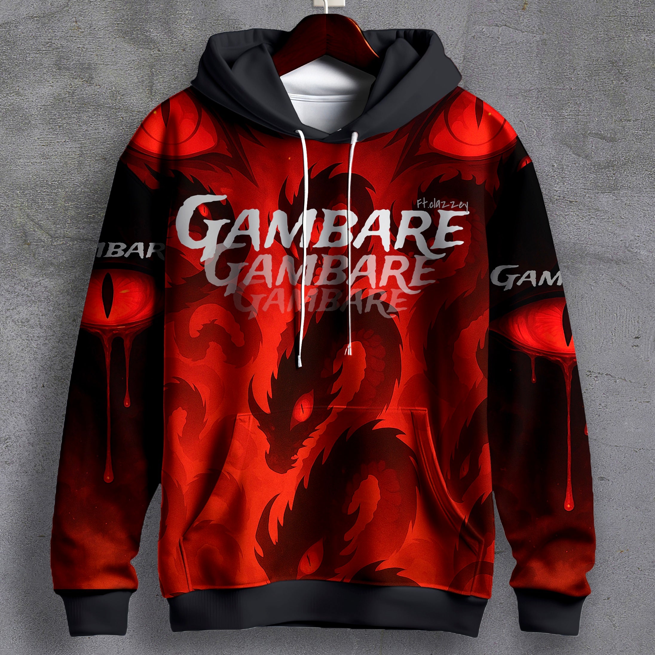Gambare Anime Graphic Hoodie front view in fiery red and black all-over print
