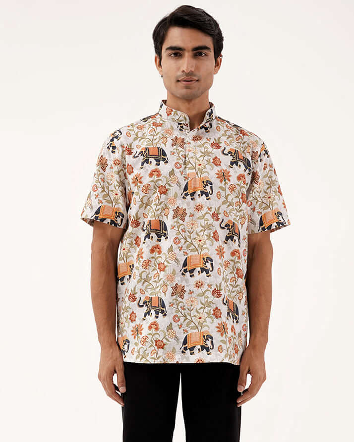 Golden Dynasty Short Kurta featuring vibrant elephant and floral motifs on a stylish design.