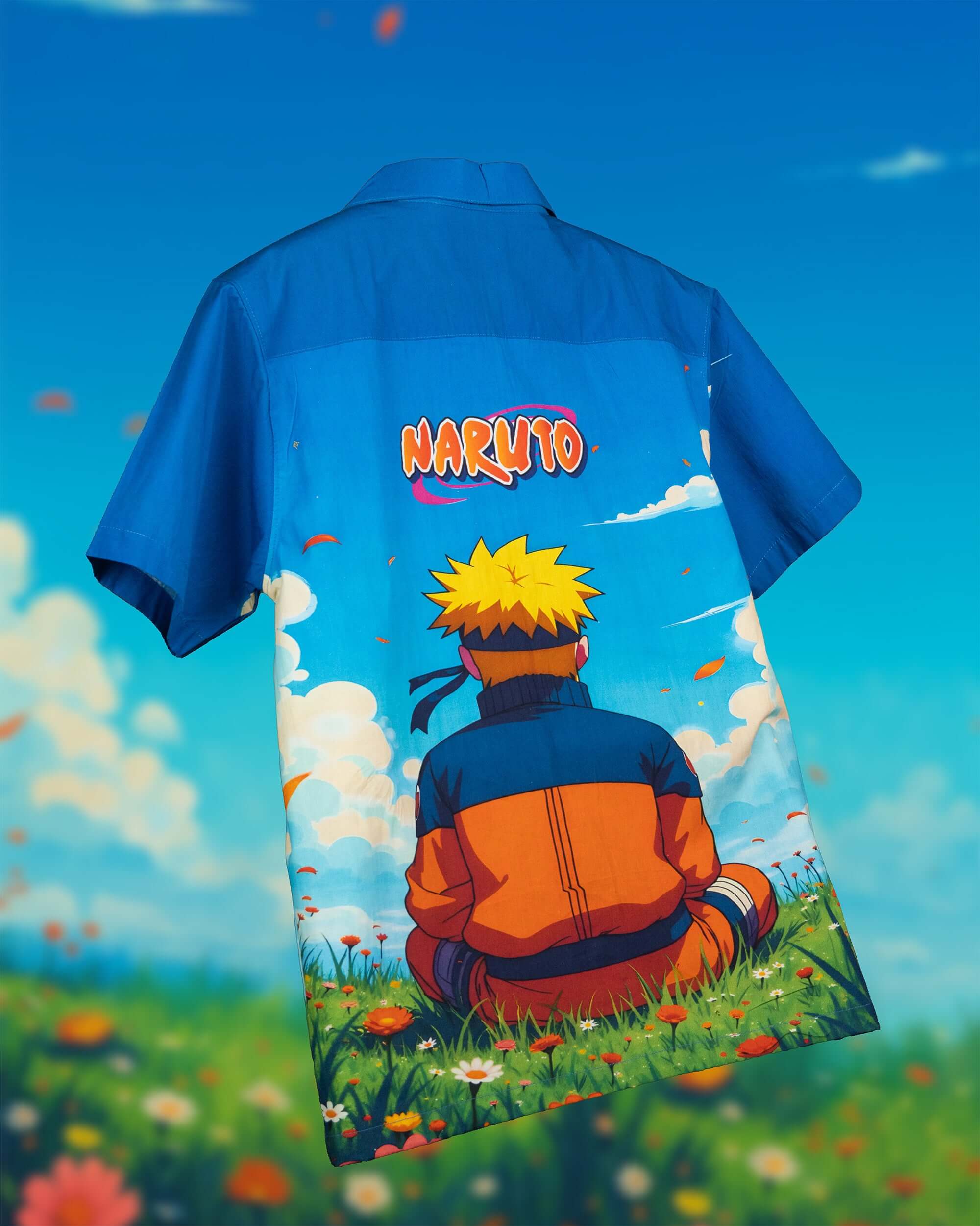 Naruto Stillness Saga Cotton Shirt featuring Naruto sitting in a field under a blue sky, perfect for anime streetwear fans.