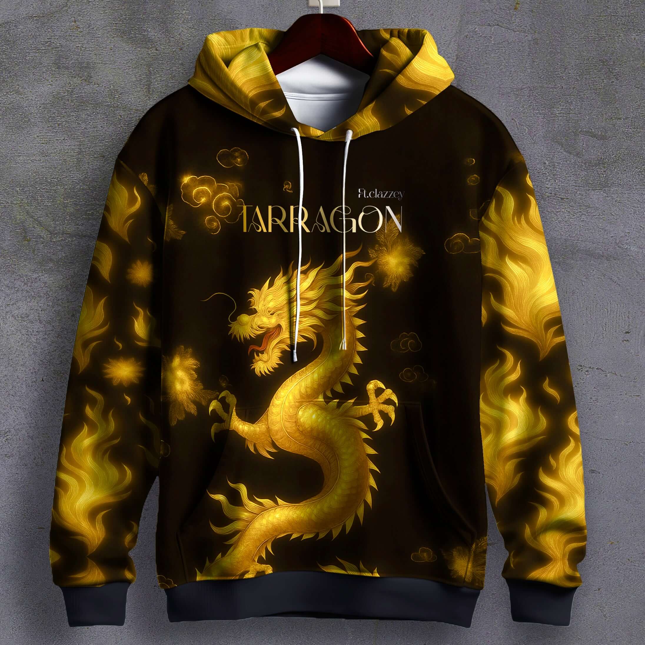 "Inferno Dragon Graphic Hoodie front view with golden dragon and flame design"
