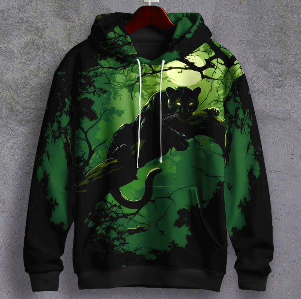 Jungle Phantom Printed Hoodie featuring a panther design in dark green and black with a mysterious jungle aesthetic.