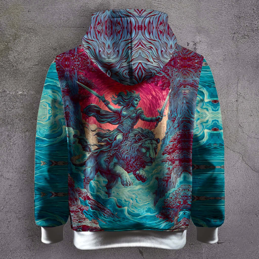 Lionheart Warrior Graphic Hoodie with mythic warrior and lion print in teal and crimson colors.