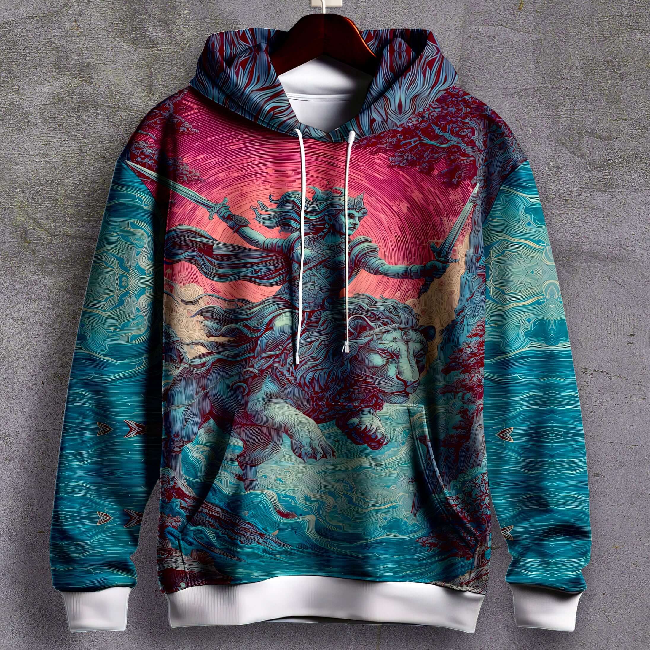Lionheart Warrior Graphic Hoodie featuring a mythic warrior riding a lion with vibrant colors.