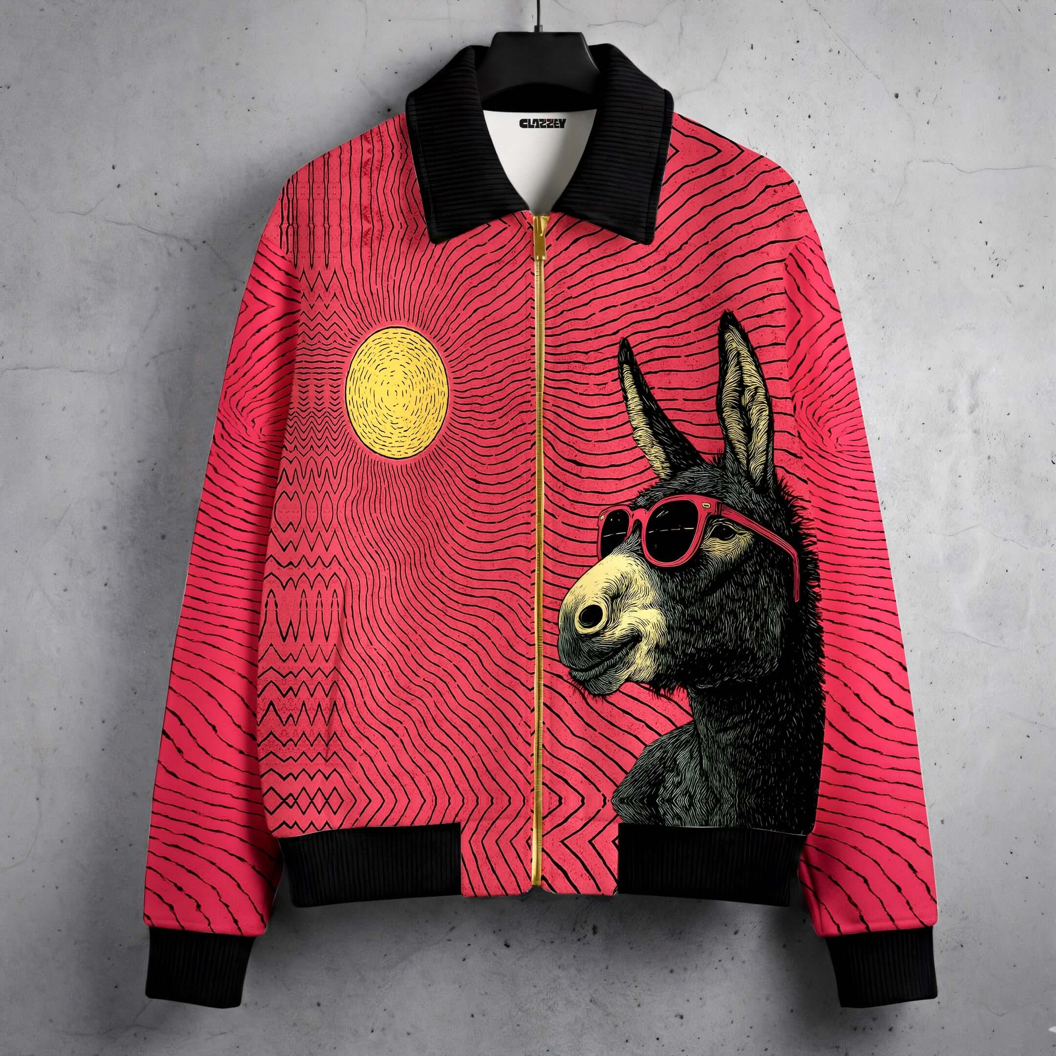 Red Wave Graphic Zip-Up Jacket - Fur Lined with vibrant red and black wave print and unique donkey design.