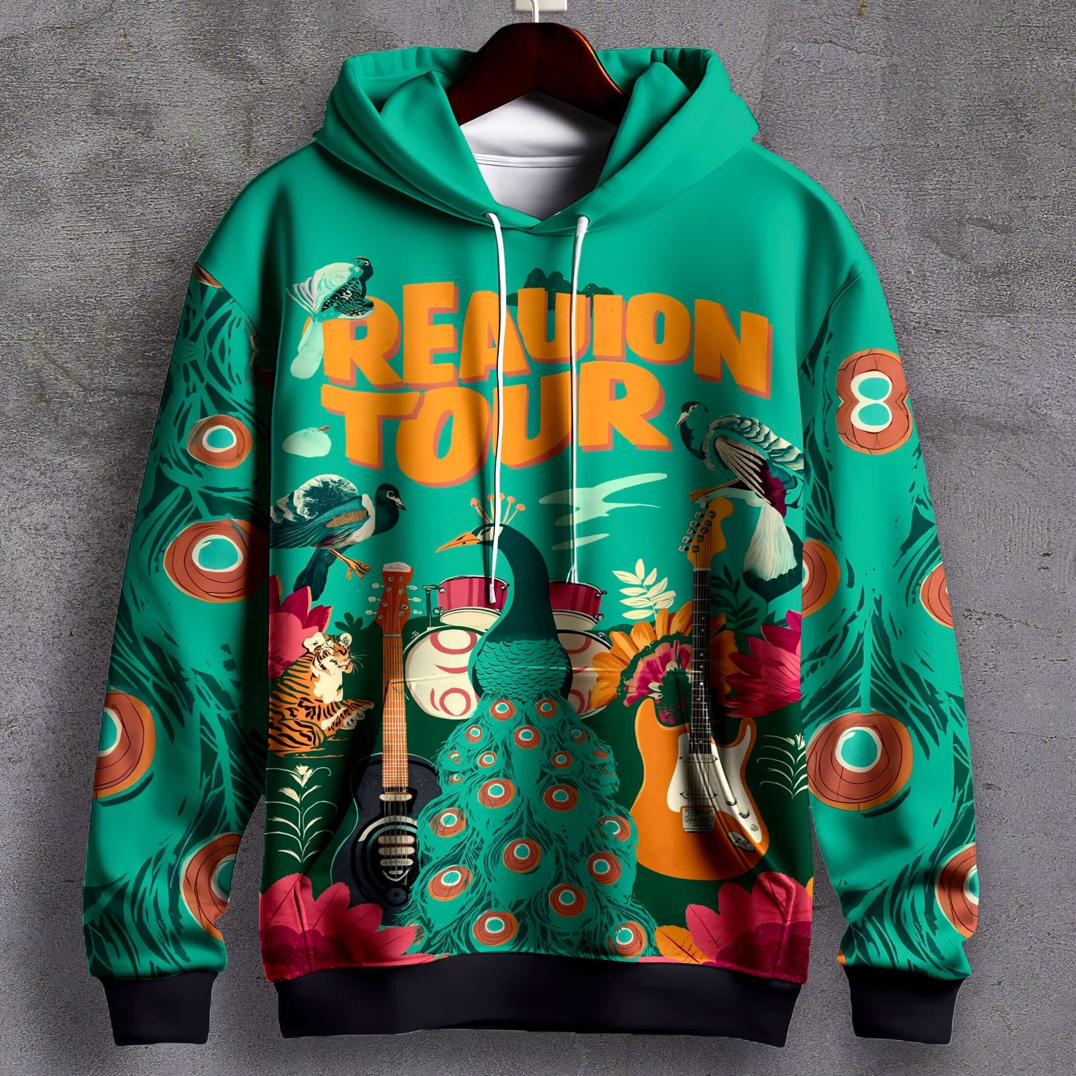Reunion Tour Graphic Hoodie in teal with vibrant all-over print showcasing musical elements and artistic designs.