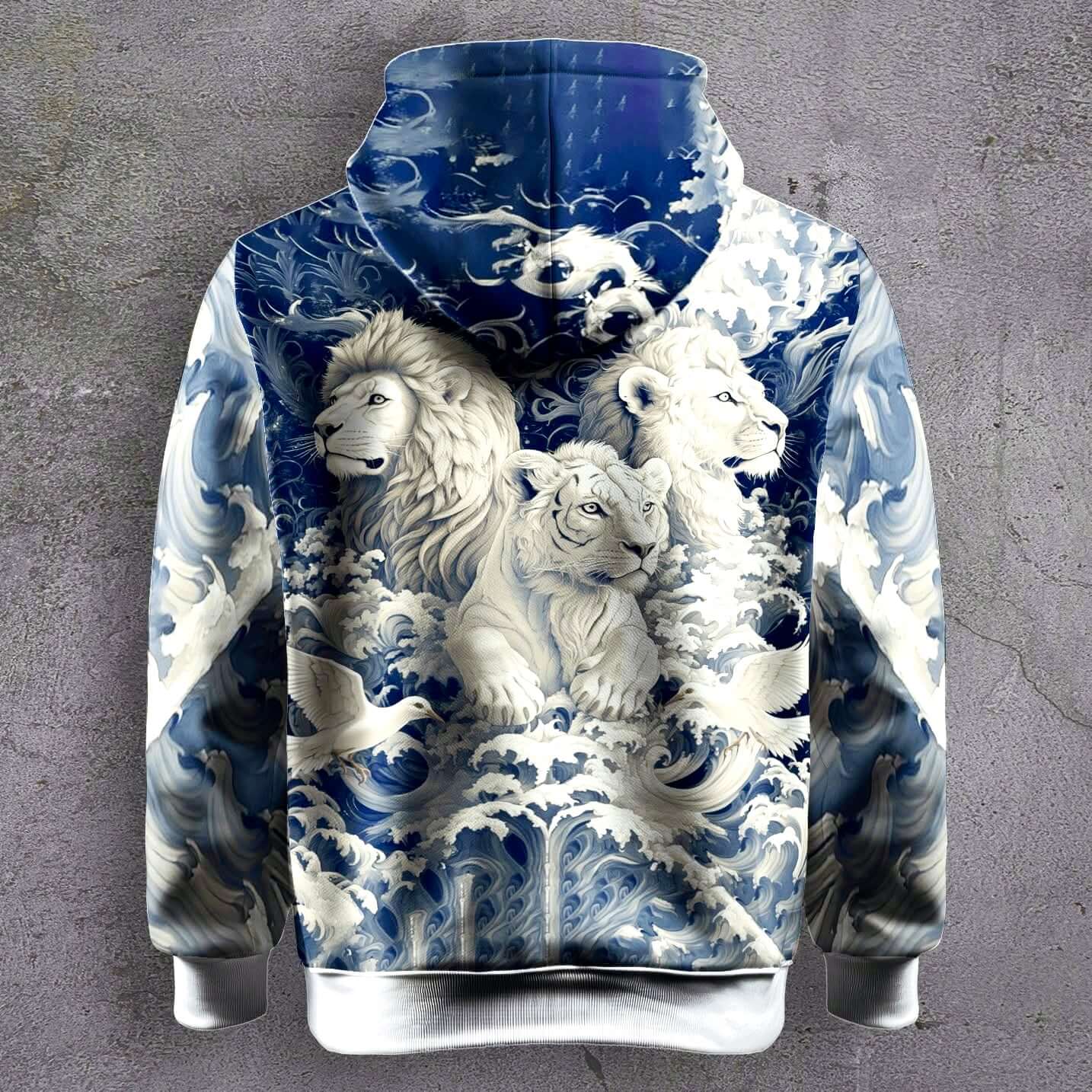 Throne of Waves Printed Hoodie featuring majestic lion designs on a blue wave background, showcasing strength and artistry.
