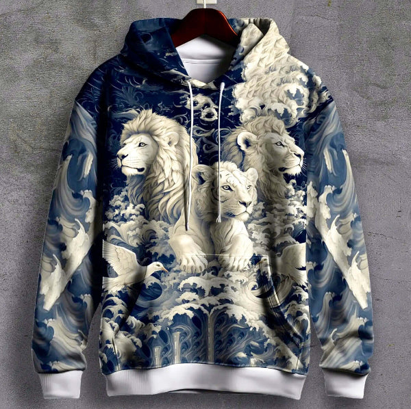 Throne of Waves Printed Hoodie featuring majestic lions and waves, perfect for winter style and comfort.