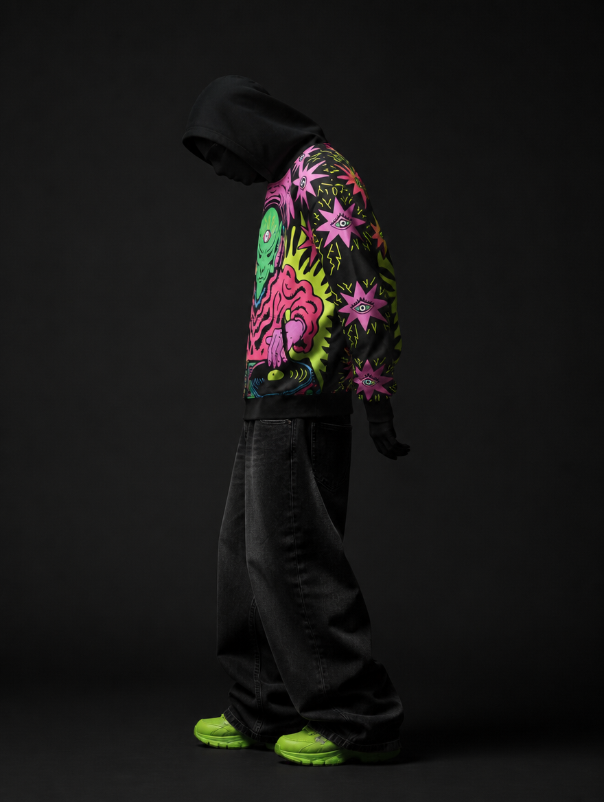 Side view of model in black hoodie with neon alien DJ print and pink eye stars on sleeve