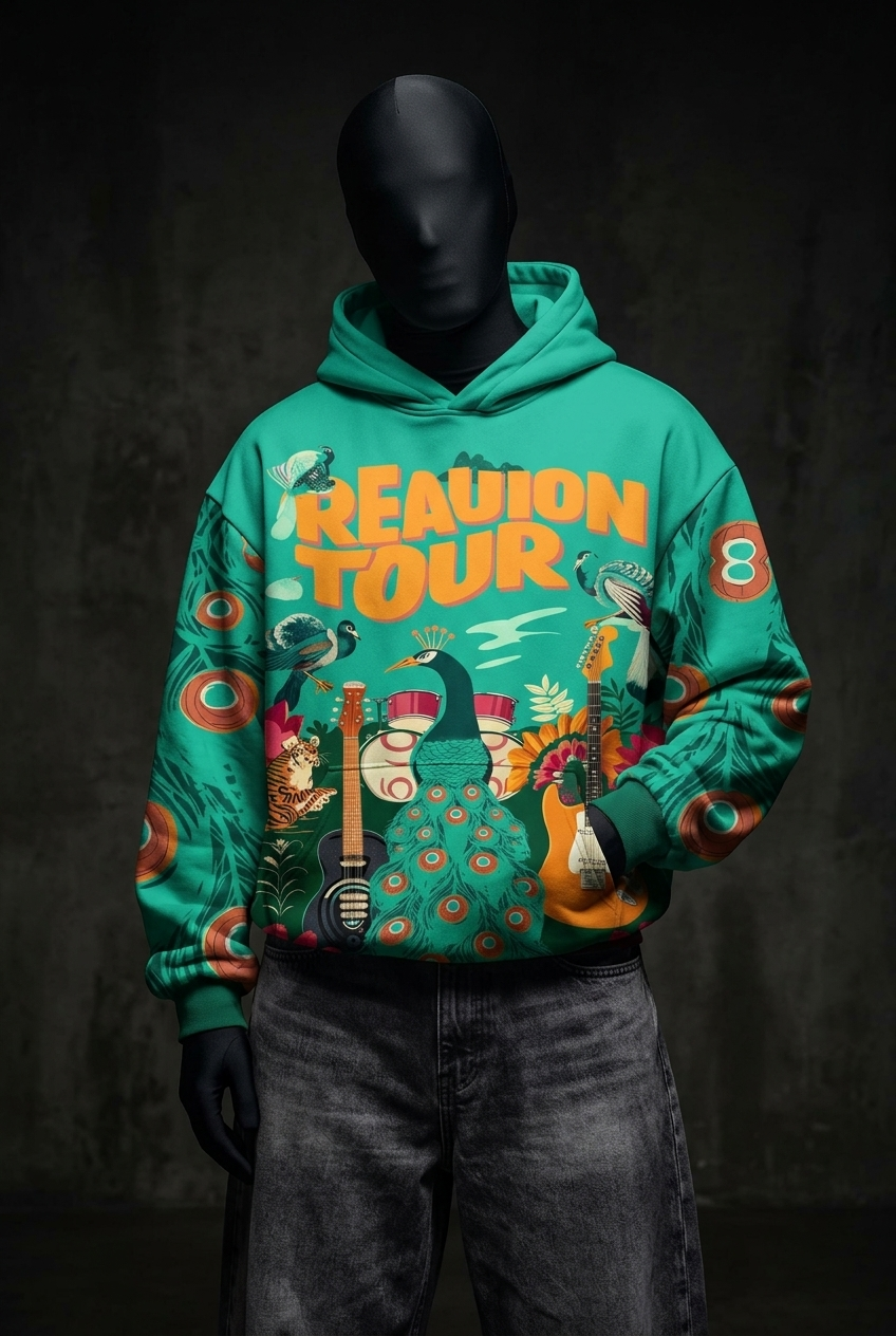 Front view of teal graphic hoodie on mannequin, one hand in pocket, with baggy gray jeans