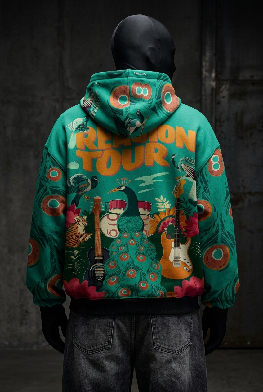 Back view of teal all-over print hoodie with peacock, tiger, guitars, drums and hood print
