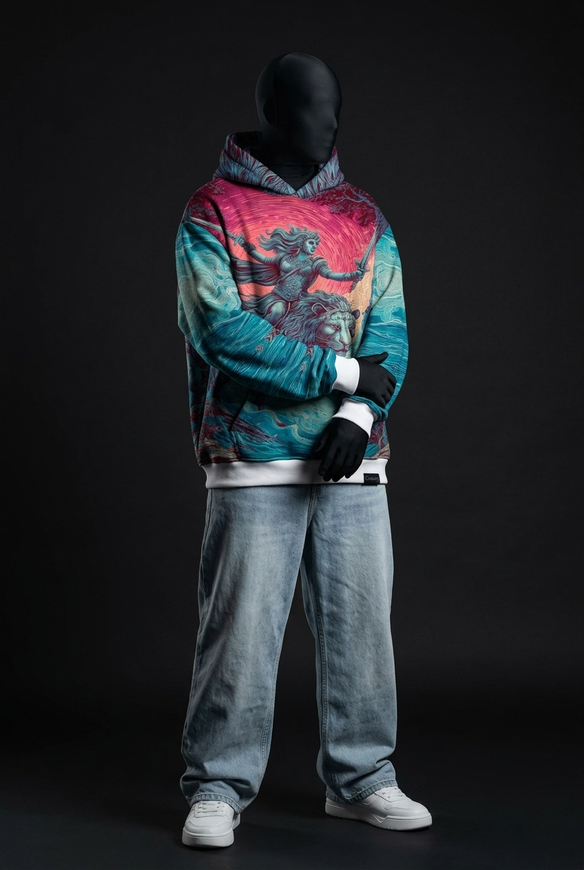 Full-length mannequin in printed hoodie with arms crossed, light-wash baggy jeans and white sneakers