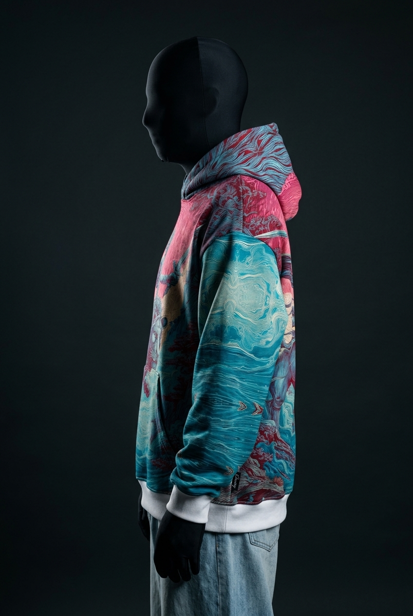 Side view of hoodie showing wavy teal sleeve print, patterned hood and white ribbed hem
