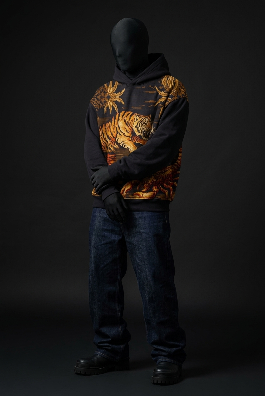Three-quarter view of black hoodie with tiger and scorpion print, arms crossed in front, worn with dark jeans
