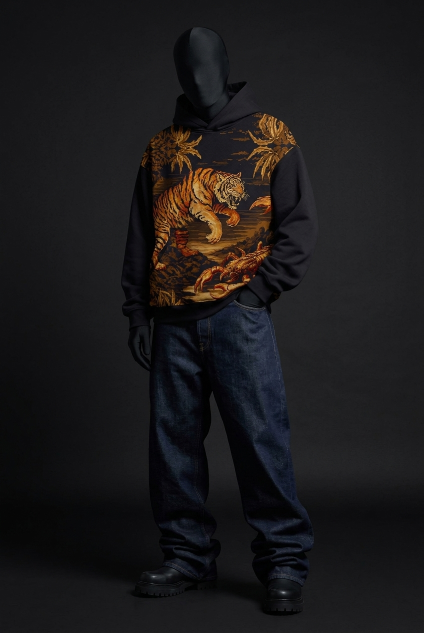 Front view, slightly angled, of black tiger and scorpion print hoodie with wide-leg indigo jeans and boots