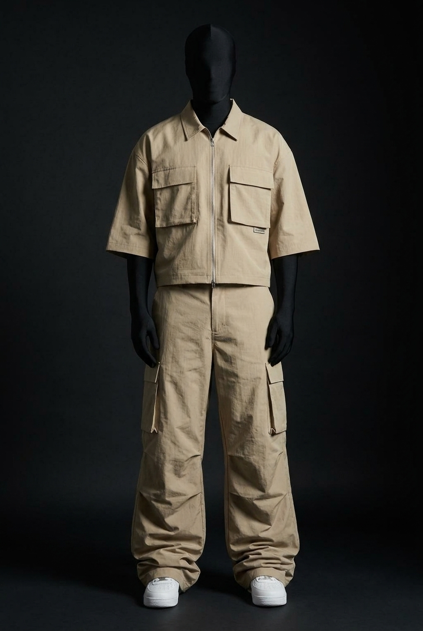 Front view of tan zip-up utility shirt with chest pockets and matching wide-leg cargo pants