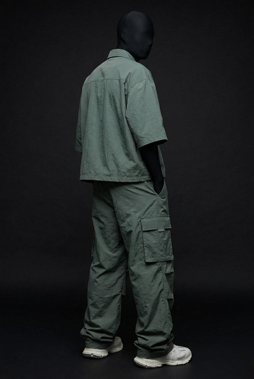 Teal zip shirt and cargo pants worn by model in black face covering, turned side-back view